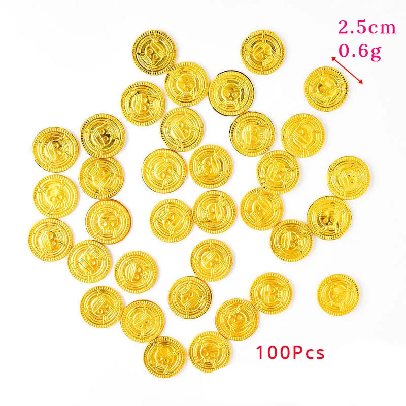 A collection of 100 gold-colored pirate coin party favors, measuring 2.5cm in diameter and weighing 0.6g.