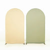 A pair of light beige and sage green stretchable arch backdrop covers for party and event decor.