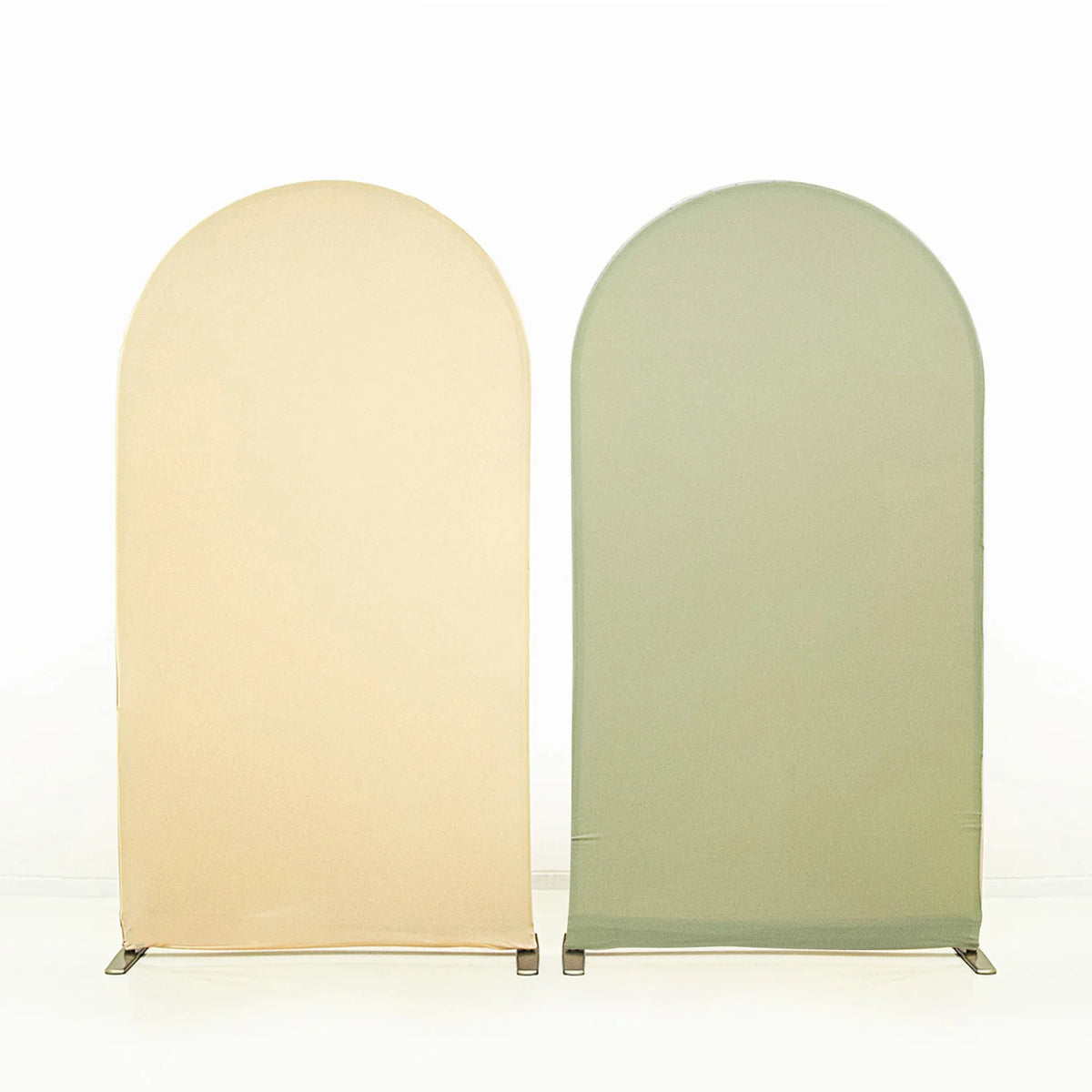 A pair of light beige and sage green stretchable arch backdrop covers for party and event decor.