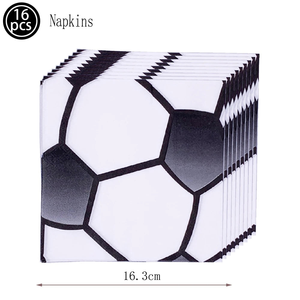 A set of 16 black and white striped napkins shaped like a soccer ball for birthday parties