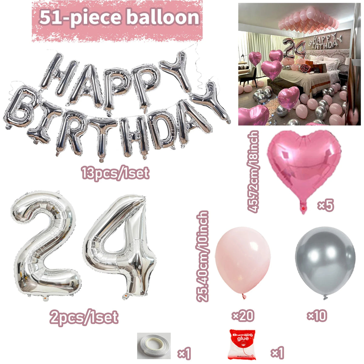 A set of 51-piece silver and pink balloons, including letter balloons and number balloons, for a birthday decoration.