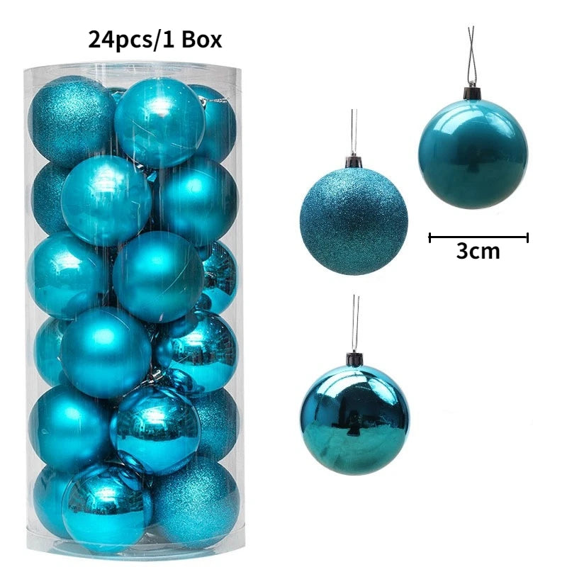 A box containing 24 teal blue glitter Christmas tree ornament balls with hanging loops.