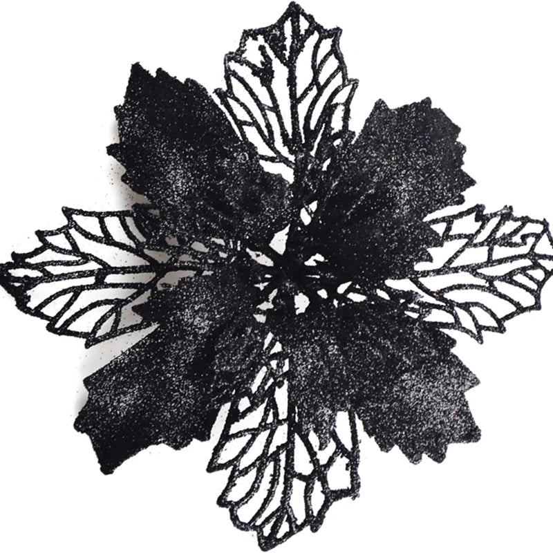 Black glittery silk artificial Christmas flowers with a gold sparkle finish