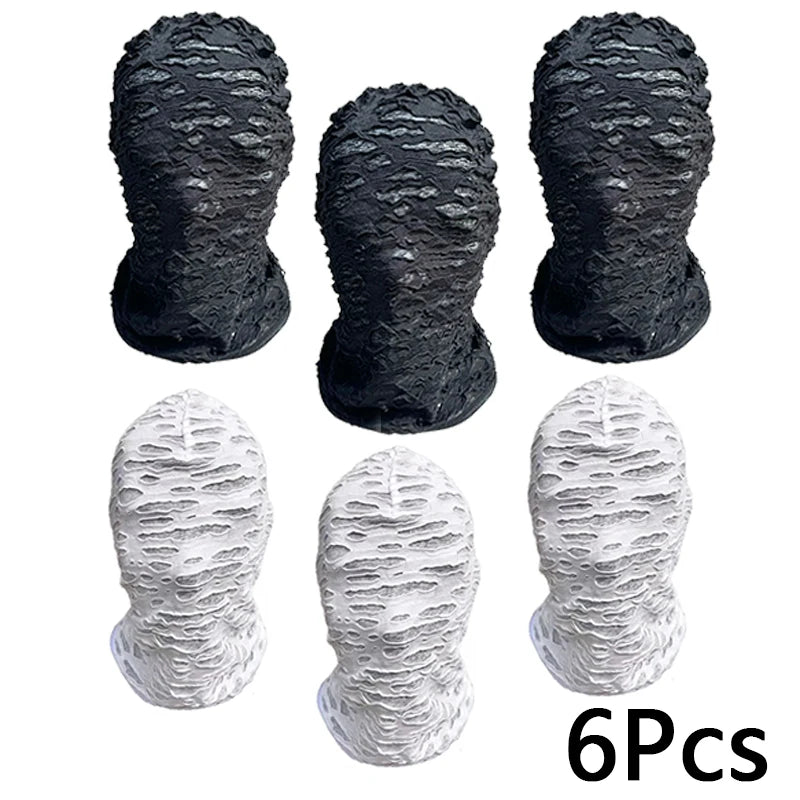Six black mesh balaclava face masks for outdoor sports displayed individually.