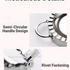 Close-up view of a stainless steel dumpling maker showing the semi-circular handle design and rivet fastening details.