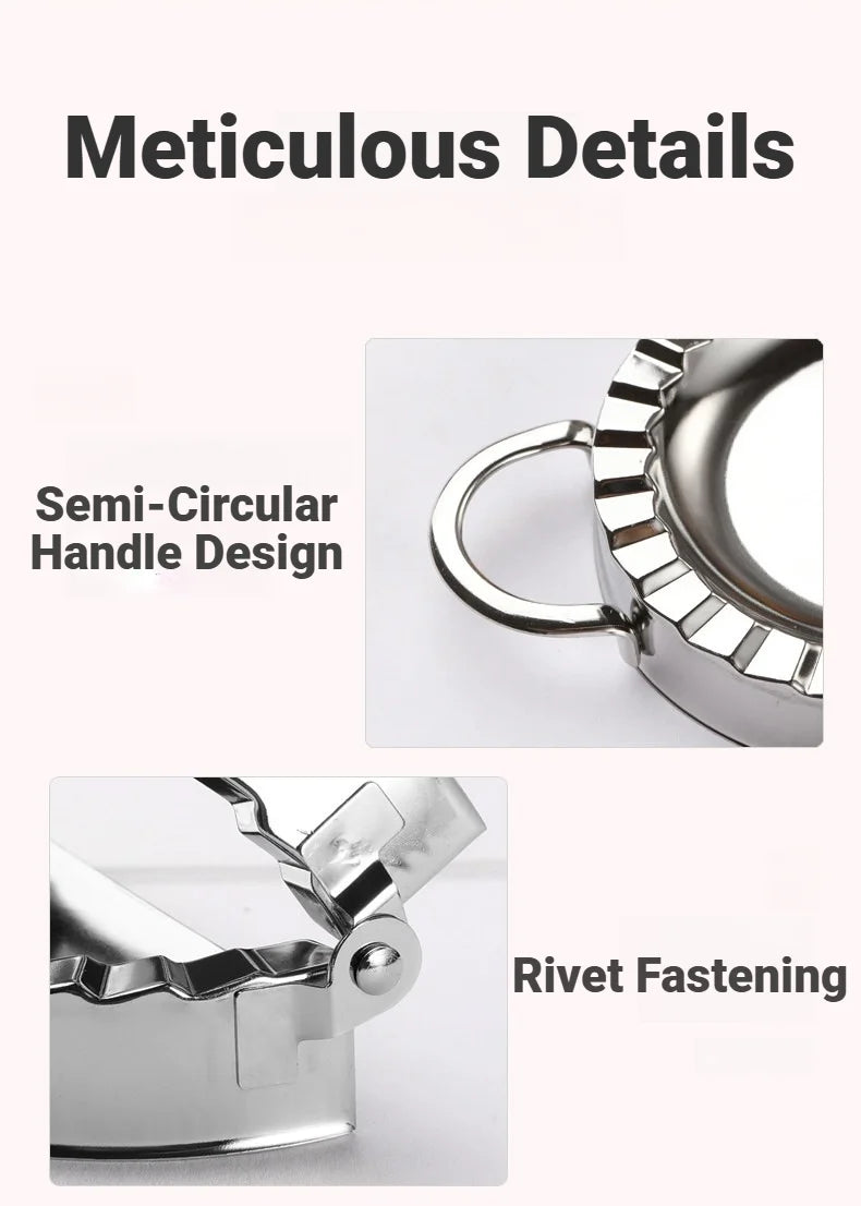 Close-up view of a stainless steel dumpling maker showing the semi-circular handle design and rivet fastening details.