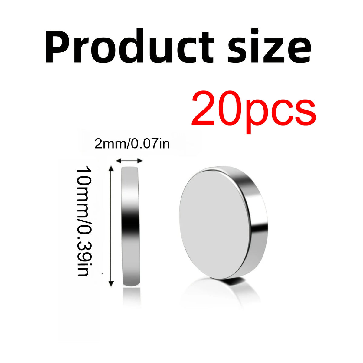 A round silver disc magnet with a hole, shown next to a measurement scale and the quantity 20pcs.