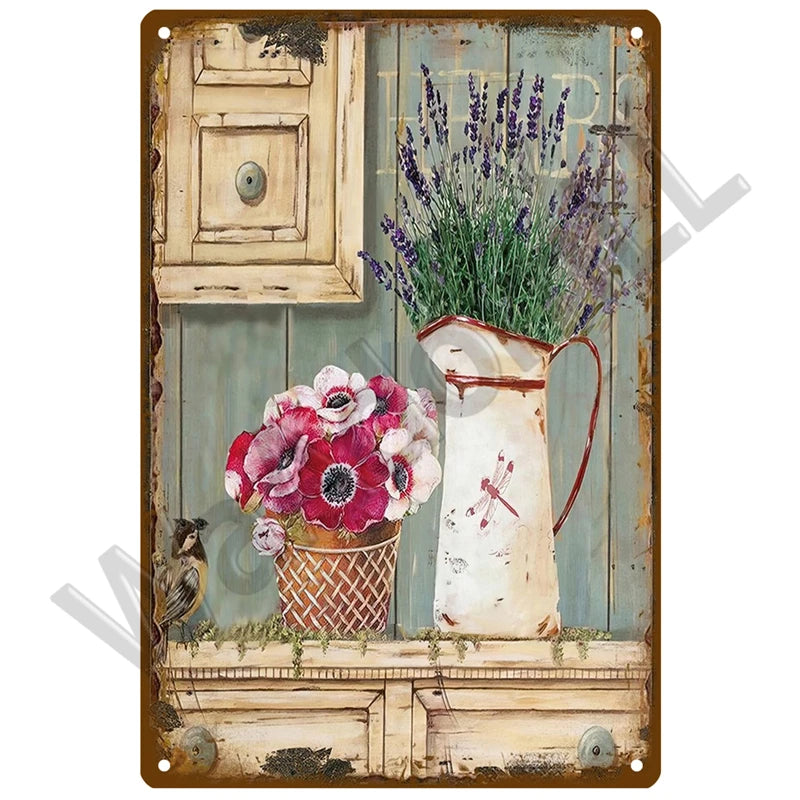 A vintage metal sign featuring a still life of lavender, pink flowers, and a bird on a wooden background.
