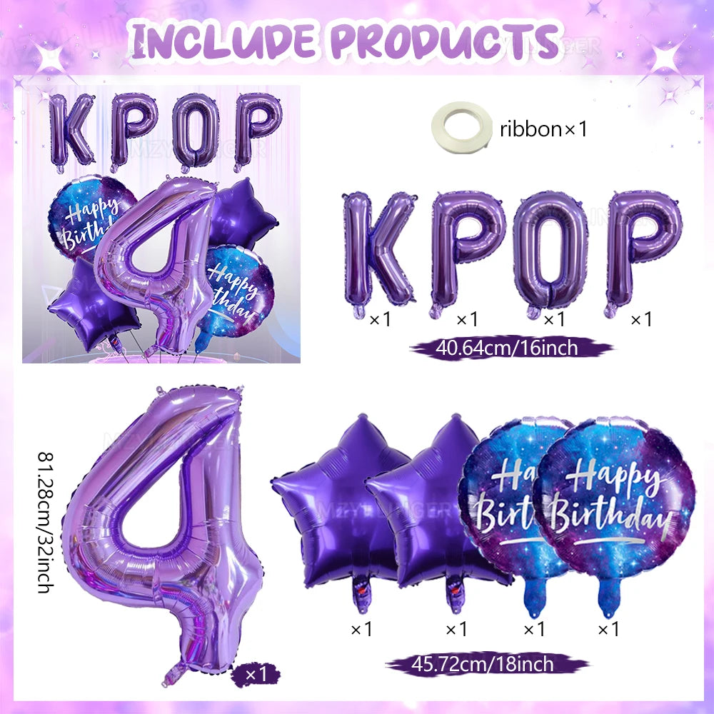 A set of purple foil number balloons and star-shaped balloons for a KPOP birthday celebration.