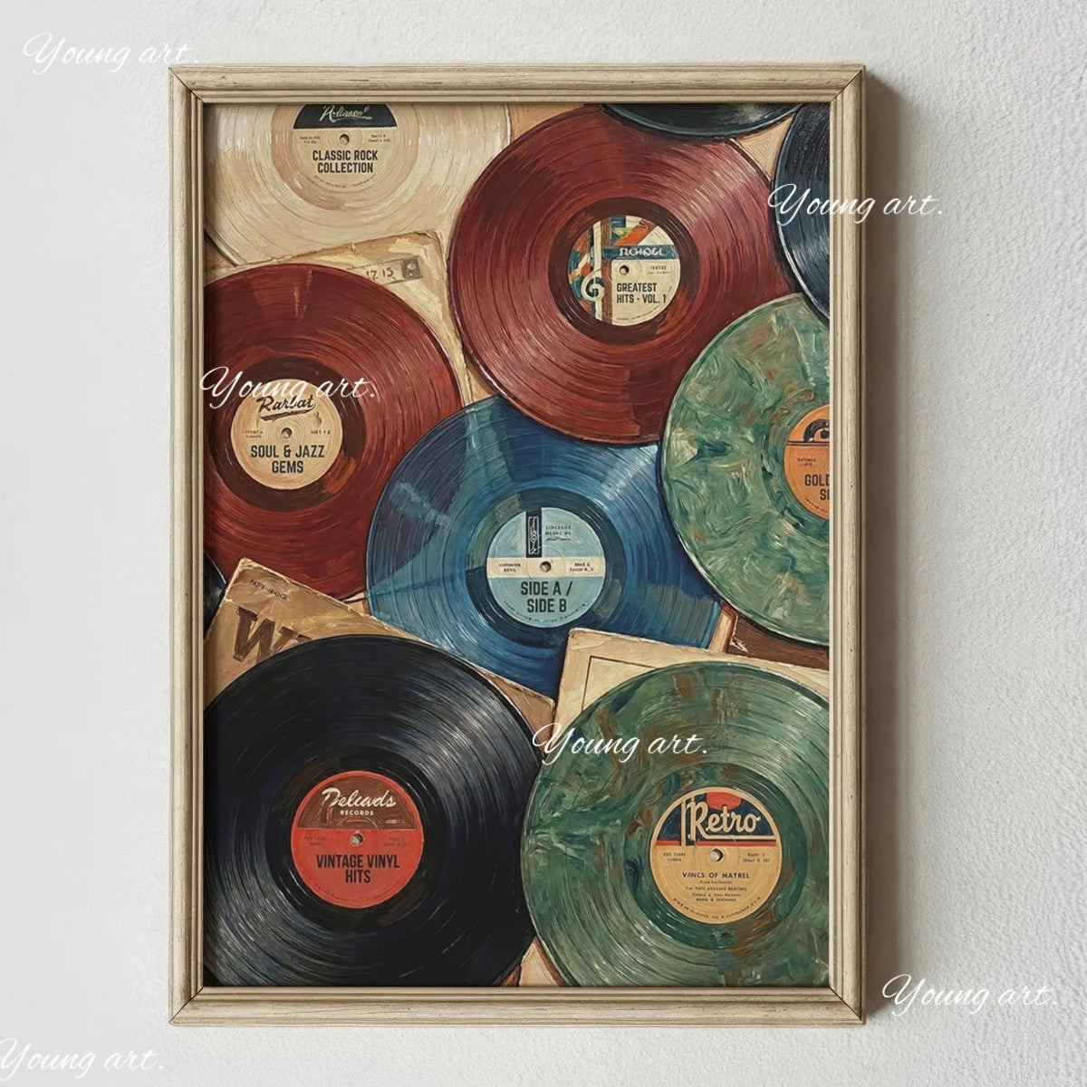 A framed canvas art print featuring various colored vinyl records with labels and text.