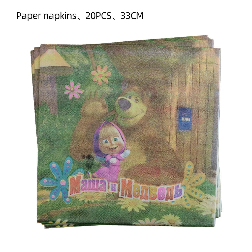 A stack of paper napkins featuring Masha and the Bear characters in a forest setting.