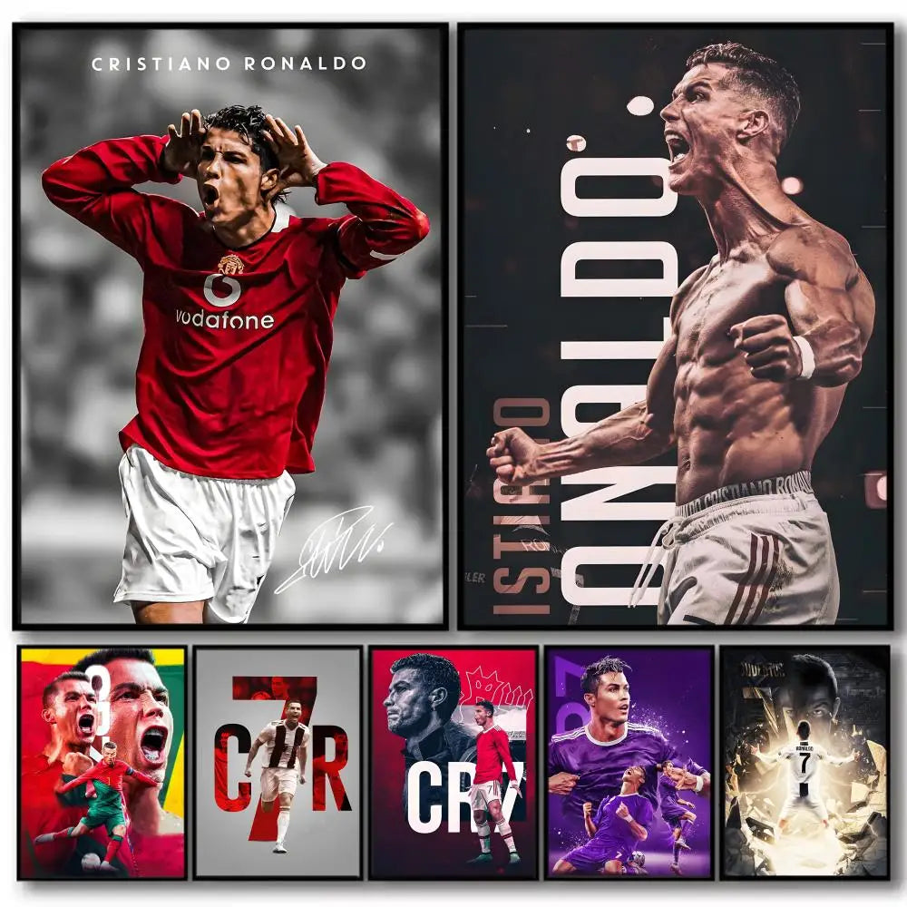 A collage of football player Cristiano Ronaldo in various poses and colors on canvas art posters.