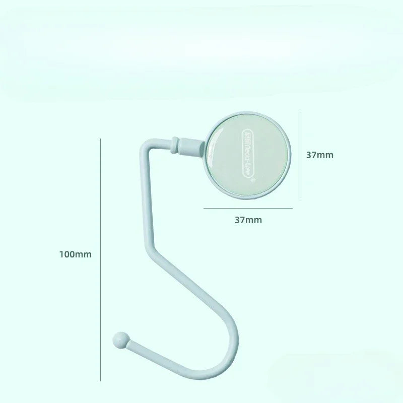 A light blue heavy duty purse and bag hook with a circular attachment, shown in a vertical dimension view.