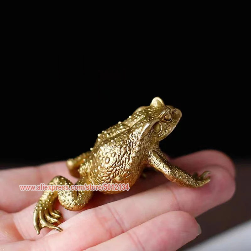 A brass money frog feng shui figurine is held in a person's hand against a dark background.