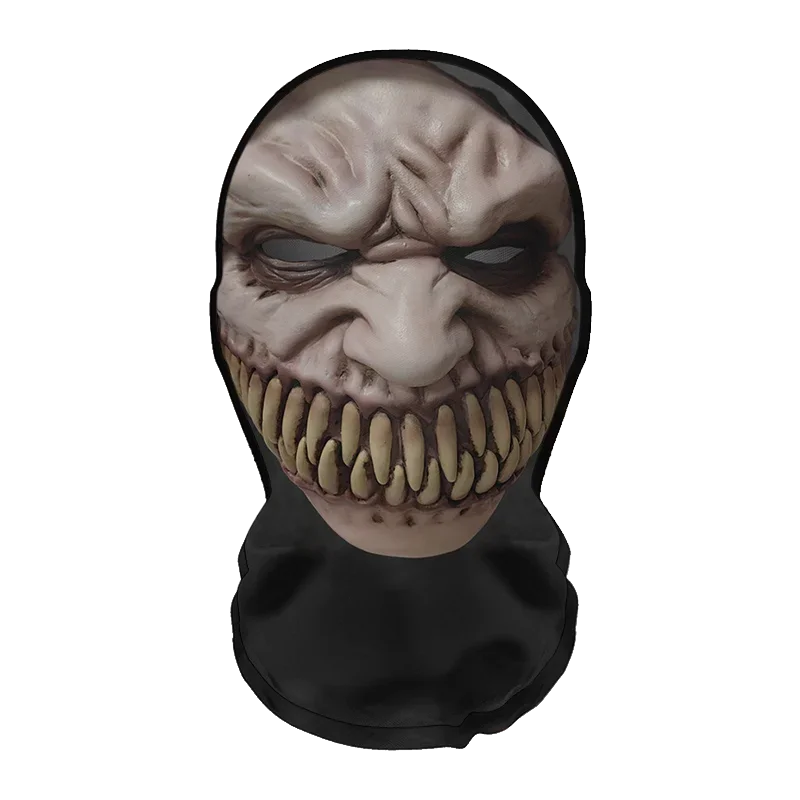 A realistic horror mesh balaclava mask with a grotesque, grinning face and sharp teeth.