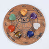 Un ensemble de neuf cristaux polis disposés autour d'un symbole d'œil sur un disque de divination en bois.