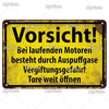 Vintage metal sign with yellow background warning about exhaust gas poisoning danger.