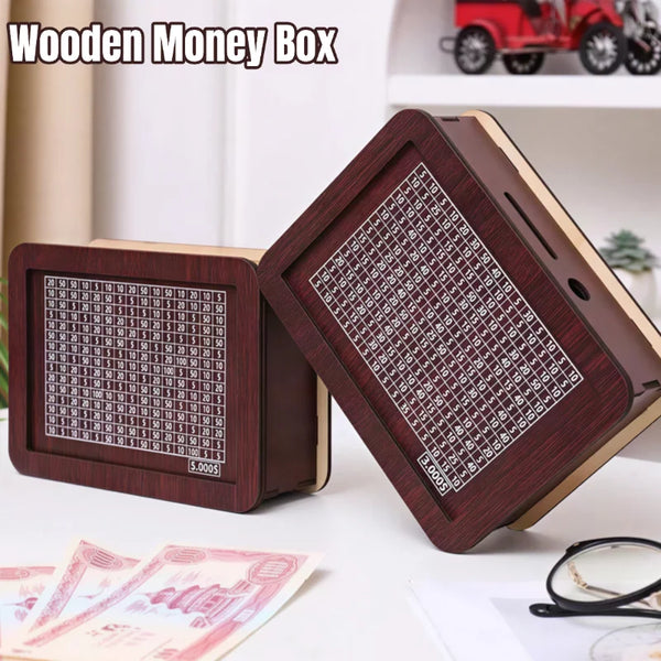 A wooden money box with a grid tracker for savings goals is shown on a white surface.