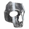 A silver-toned resin mask shaped like a human skull with facial features, used for Halloween or costume purposes.