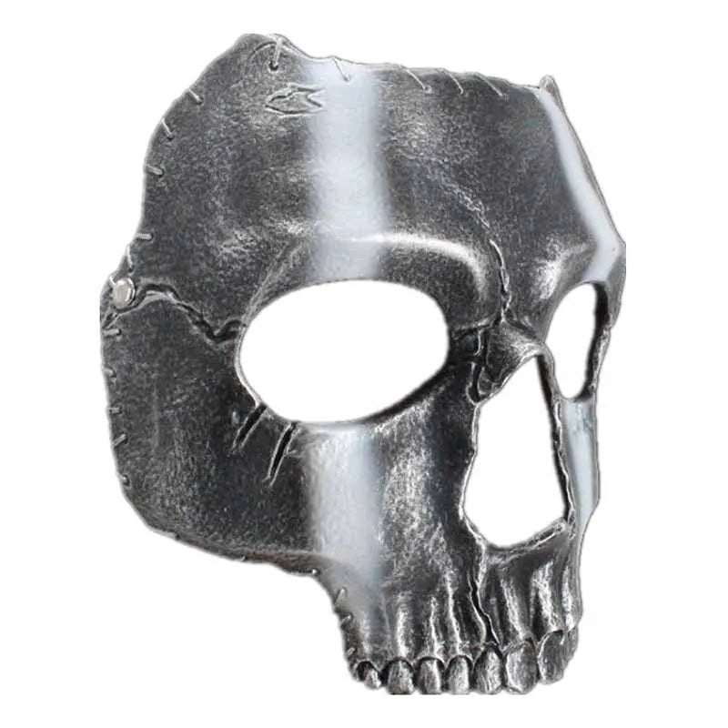 A silver-toned resin mask shaped like a human skull with facial features, used for Halloween or costume purposes.