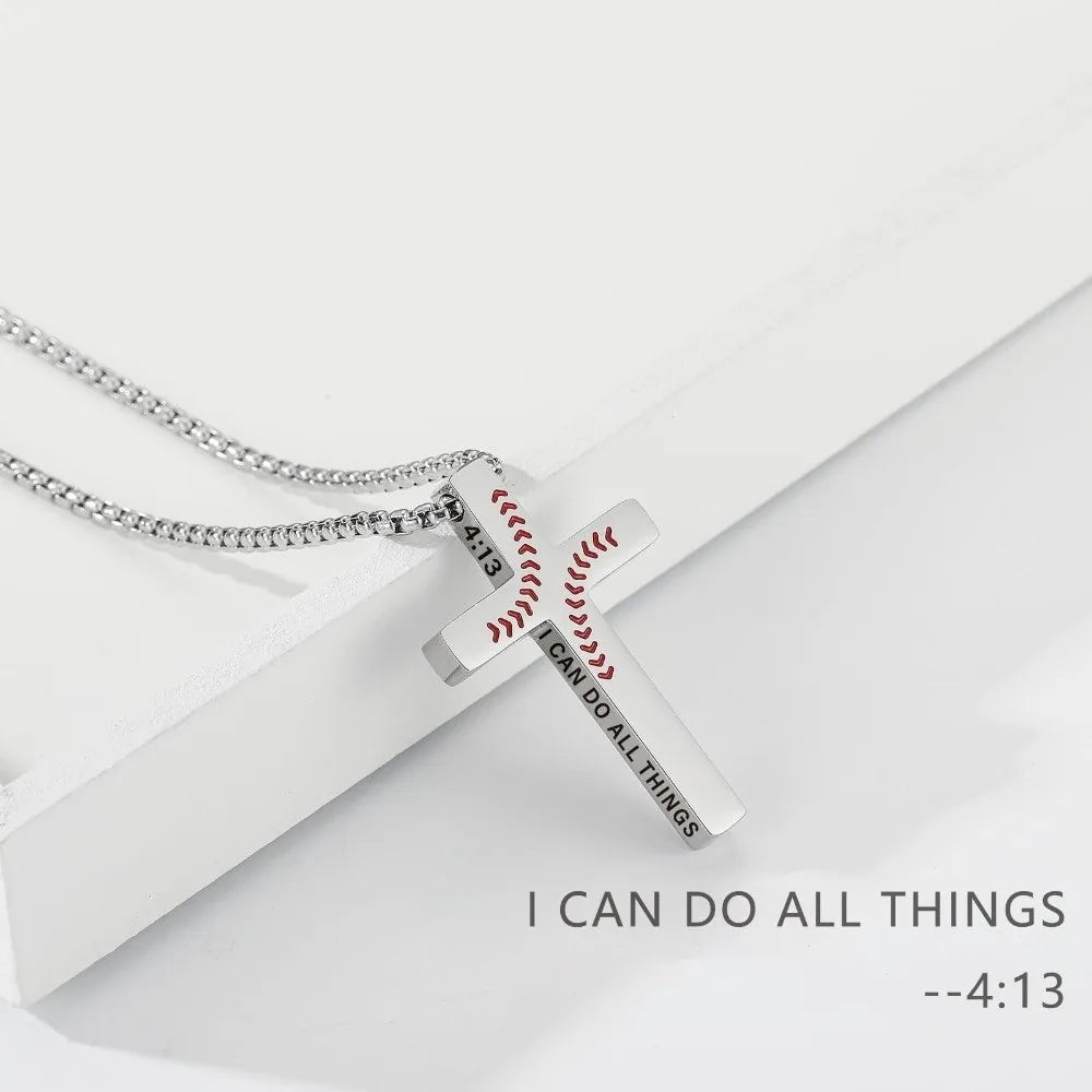 Silver stainless steel cross pendant necklace with a baseball pattern and the text I CAN DO ALL THINGS
