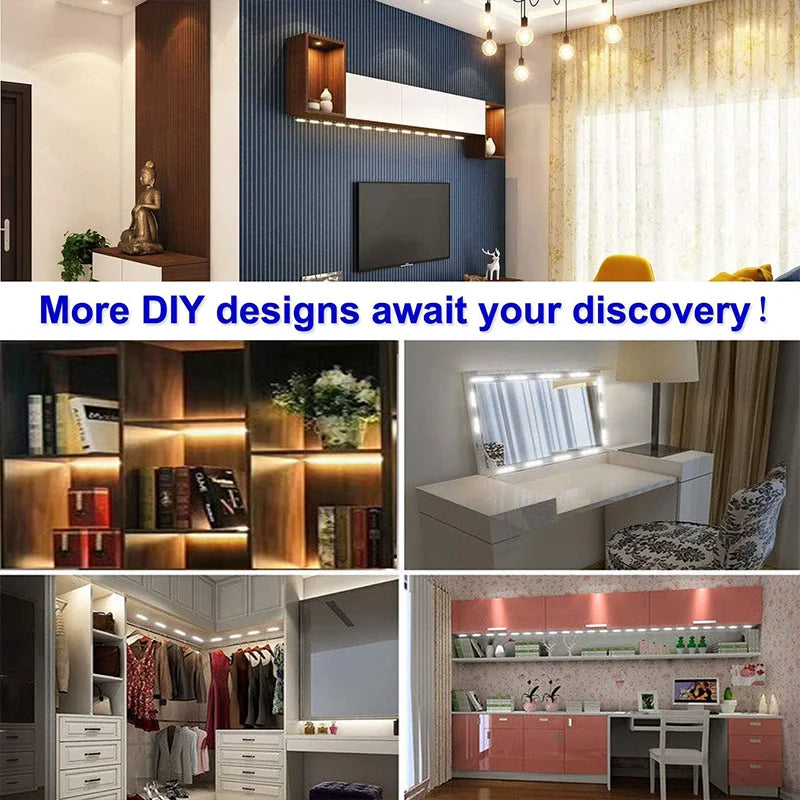 A display of various DIY home decor and furniture designs, including a modern vanity mirror and kitchen cabinet setup.