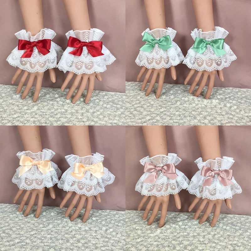 A set of ruffled lace wrist cuffs with bowknot accents in red, green, and pink shades.