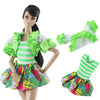 A handmade doll dress gown featuring a striped top, ruffled green collar, and a colorful skirt with dinosaur patterns.