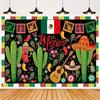 A vibrant Mexican fiesta photo backdrop featuring colorful cacti, a sombrero, and a guitar design.