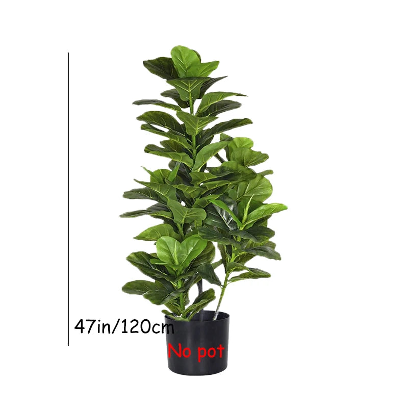 A lush artificial fiddle leaf fig tree with dark green leaves planted in a black pot.