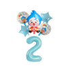 A set of blue and red circus theme birthday party decor including balloons and a large number 2