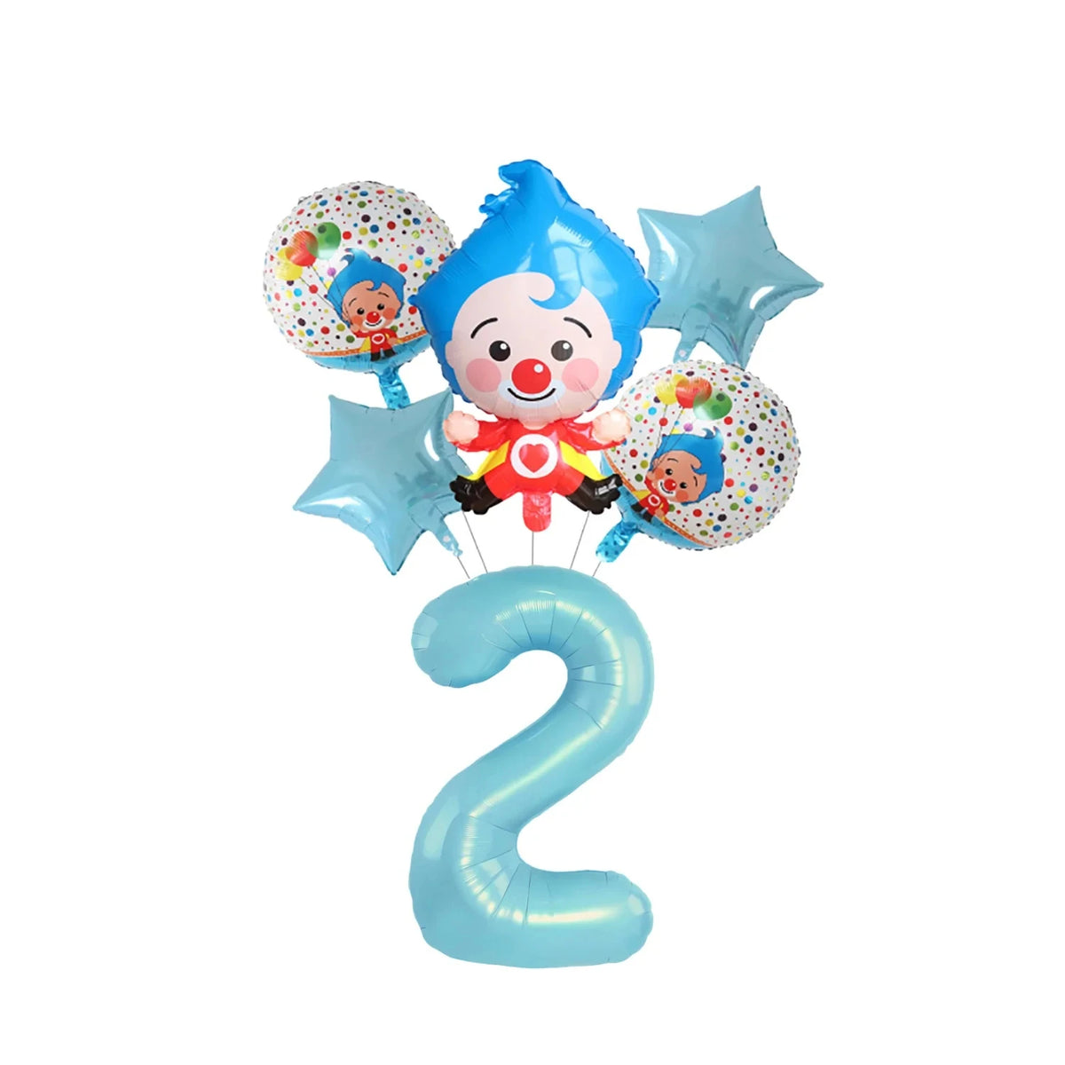 A set of blue and red circus theme birthday party decor including balloons and a large number 2