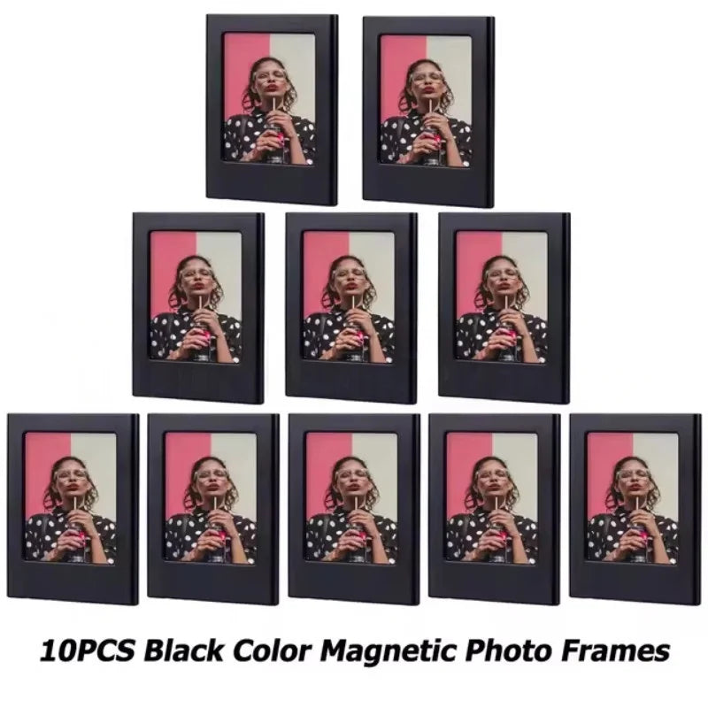 Ten black magnetic photo frames displayed in a vertical arrangement.