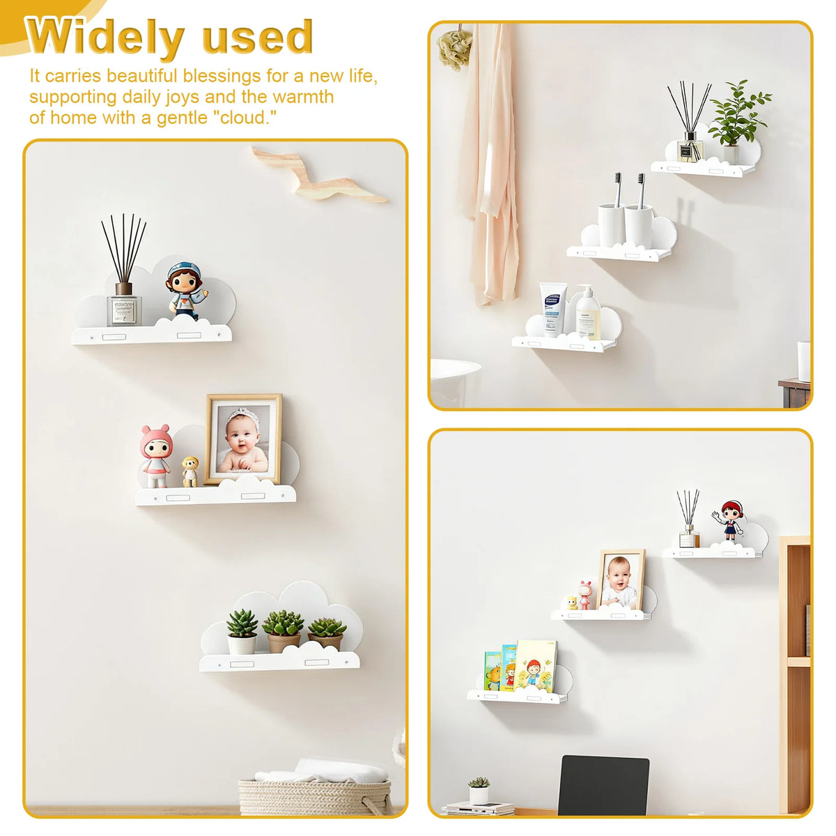 Un conjunto de estantes flotantes en forma de nube, en tonos blanco y madera natural, montados en la pared.