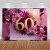 A vibrant floral backdrop for a 60th birthday photo booth featuring deep purple, pink, and gold flowers.
