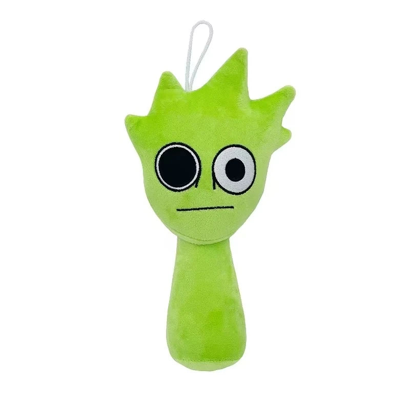 A bright lime green plush toy shaped like a spiky, stylized plant or creature.