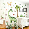 Large dinosaur wall stickers decorating a white room with various green and pink foliage plants