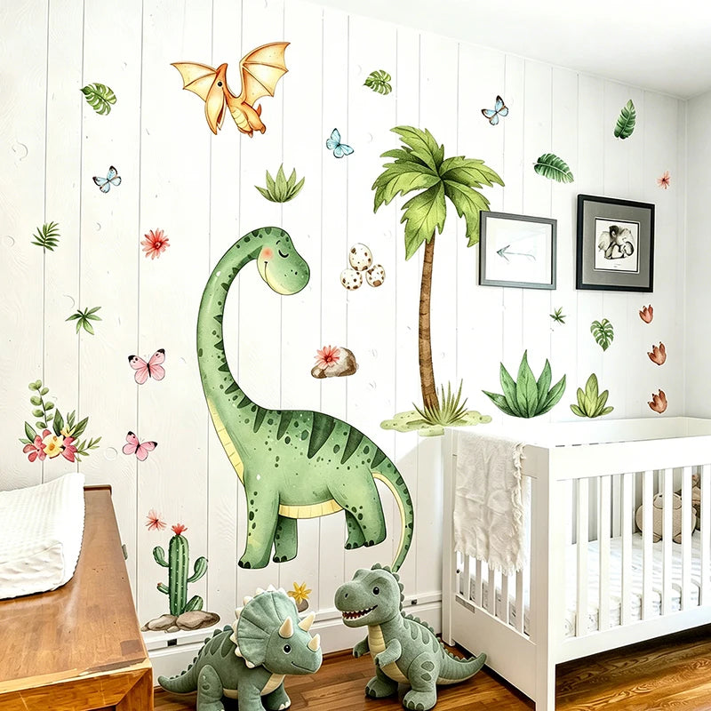 Large dinosaur wall stickers decorating a white room with various green and pink foliage plants