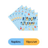 A set of blue dog party supplies napkins featuring cute dog illustrations and a happy birthday message