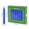 A set of blue stick candles packaged in a green box with a blue candle visible.