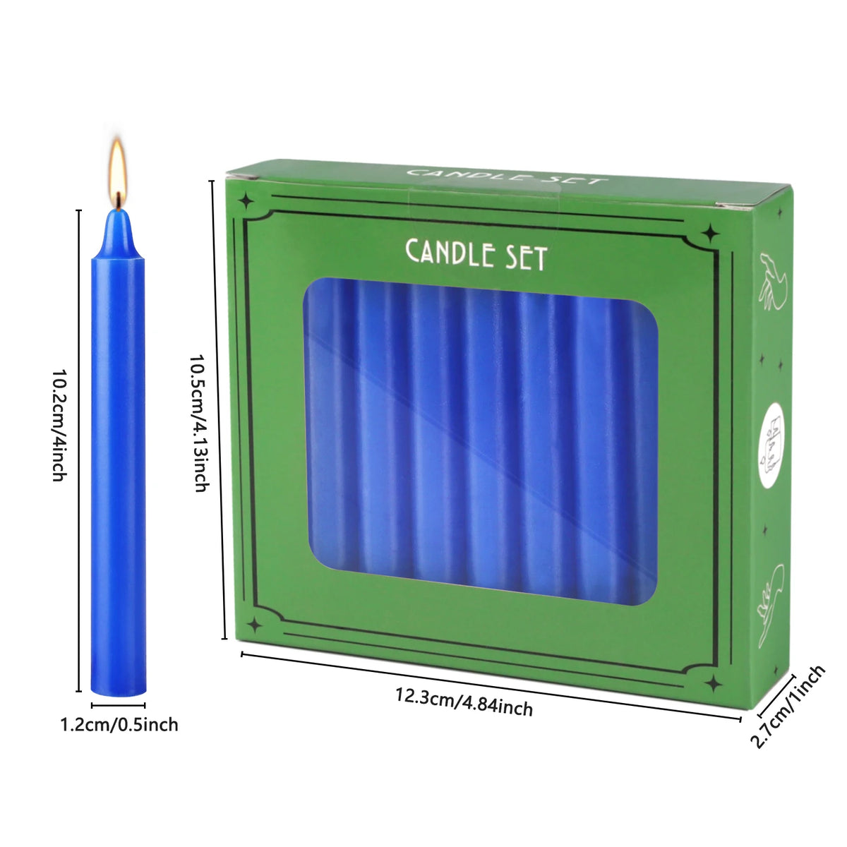 A set of blue stick candles packaged in a green box with a blue candle visible.