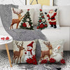 A set of four festive Christmas linen throw pillow covers featuring reindeer, Santa, and a Christmas tree design.