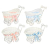 White faux rattan woven storage basket with handle featuring light blue ribbon accents
