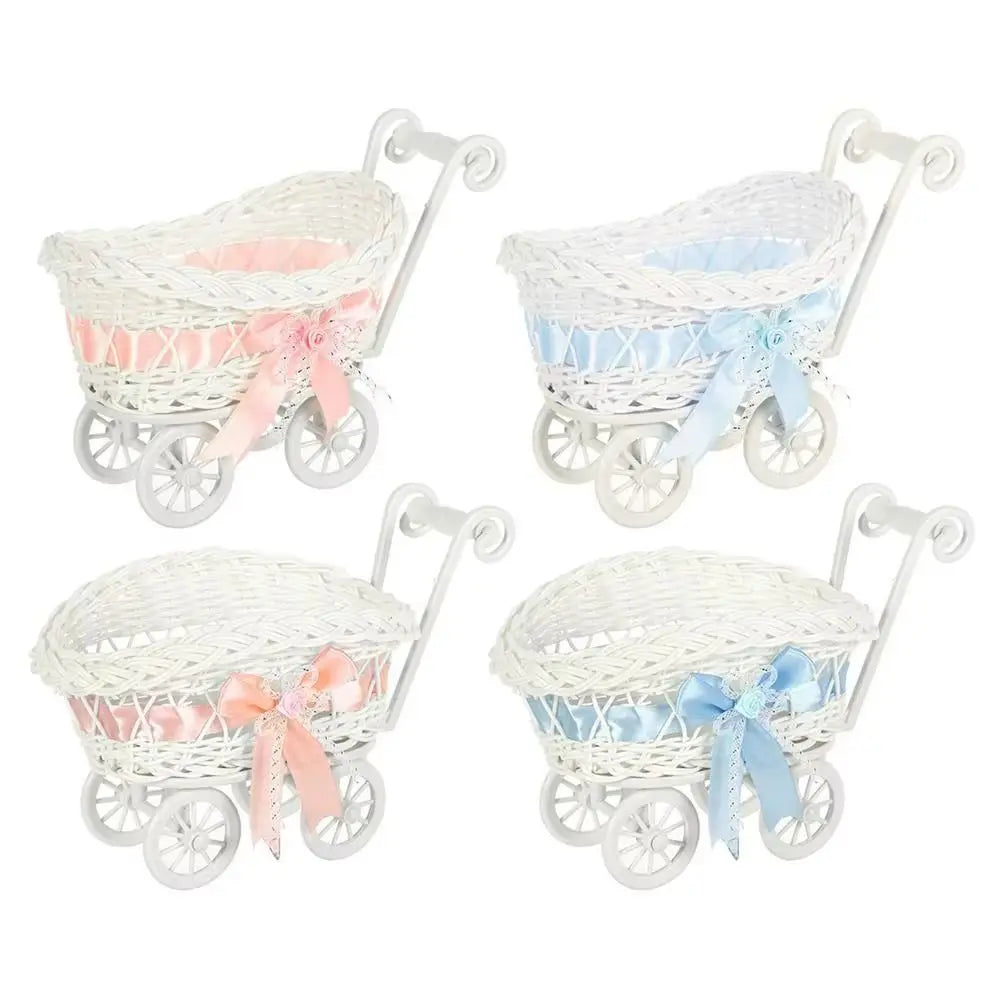 White faux rattan woven storage basket with handle featuring light blue ribbon accents
