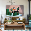 A wall hanging banner featuring a cartoon duck holding green money against a pink background.