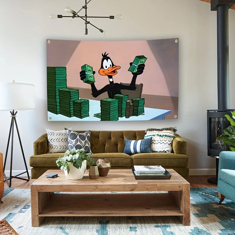 A wall hanging banner featuring a cartoon duck holding green money against a pink background.