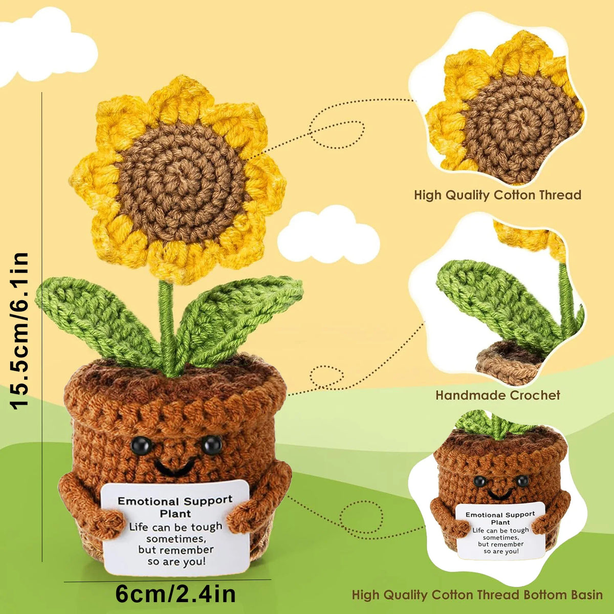 Handmade crochet potato doll with an emotional support card made from high quality cotton thread.