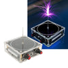 A square glass box containing an arc plasma music coil setup with a purple electrical discharge display.