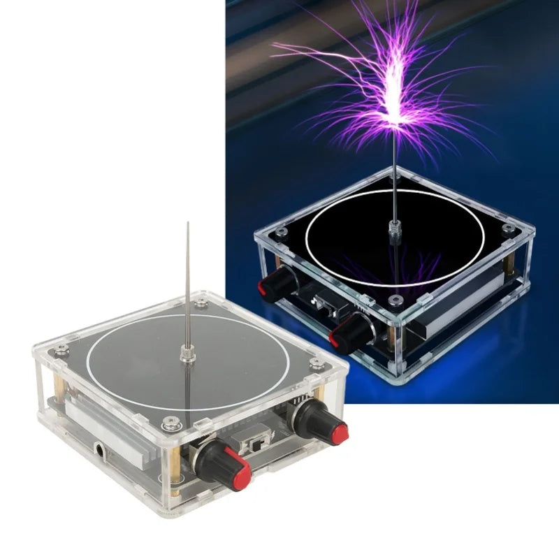 A square glass box containing an arc plasma music coil setup with a purple electrical discharge display.