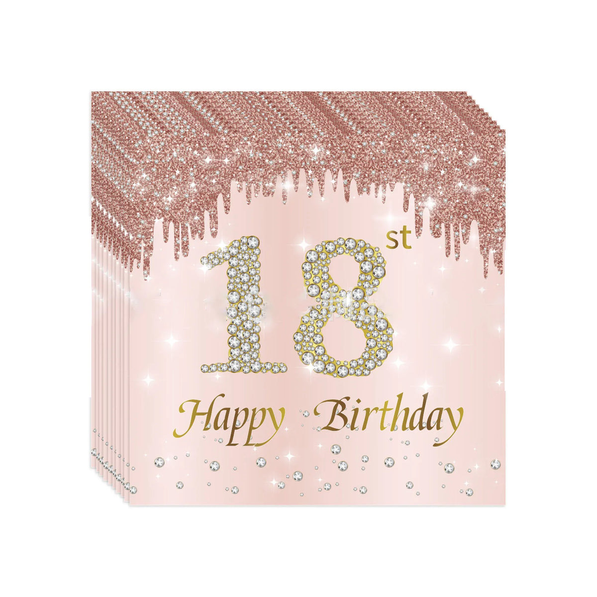 A pink box decorated with rose gold glitter and diamond accents, featuring the text Happy 18th Birthday.